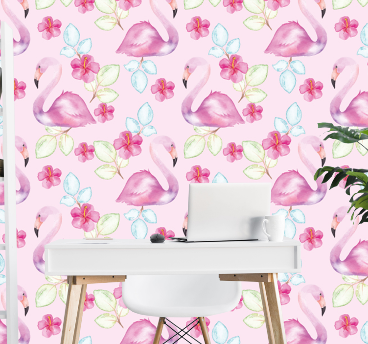 Bloemen flamingo's dieren behang - TenStickers
