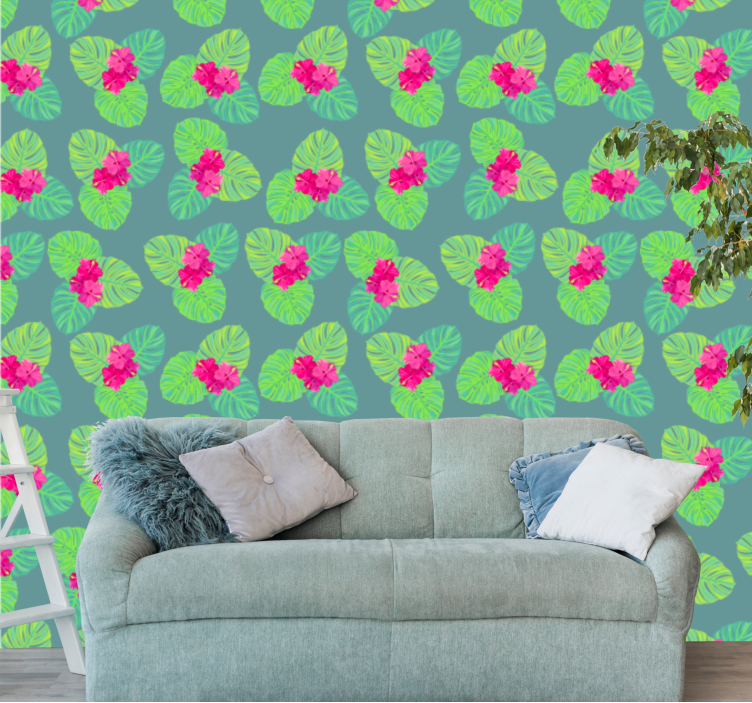 Exotische bloeiende bladeren behang bloemen - TenStickers