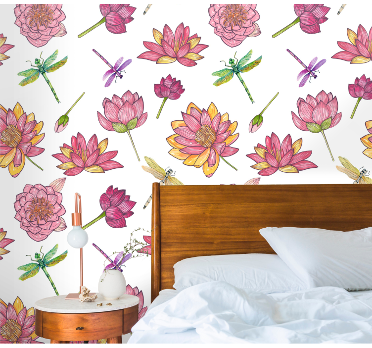 Bloemenlibelfusie behang bloemen - TenStickers