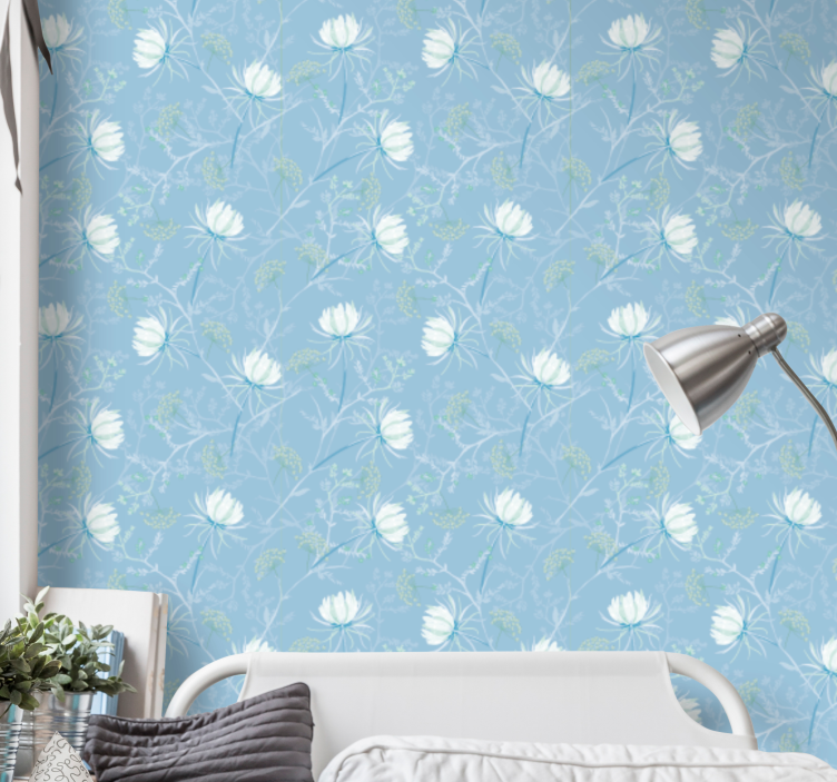 Blauwe patroonachtergrond behang bloemen - TenStickers