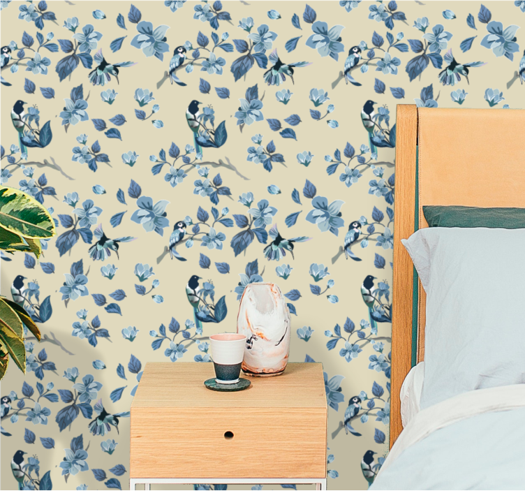 Beige en blauw patroon behang bloemen - TenStickers