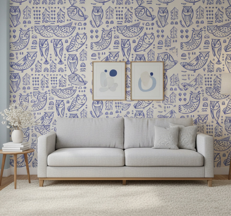 Dieren behang schattige blauwe uil gezicht illustratie - TenStickers