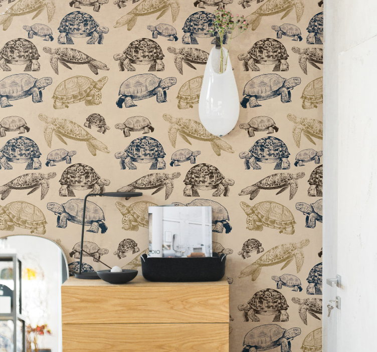 Slaapkamer behang met schildpadden beige achtergrond - TenStickers