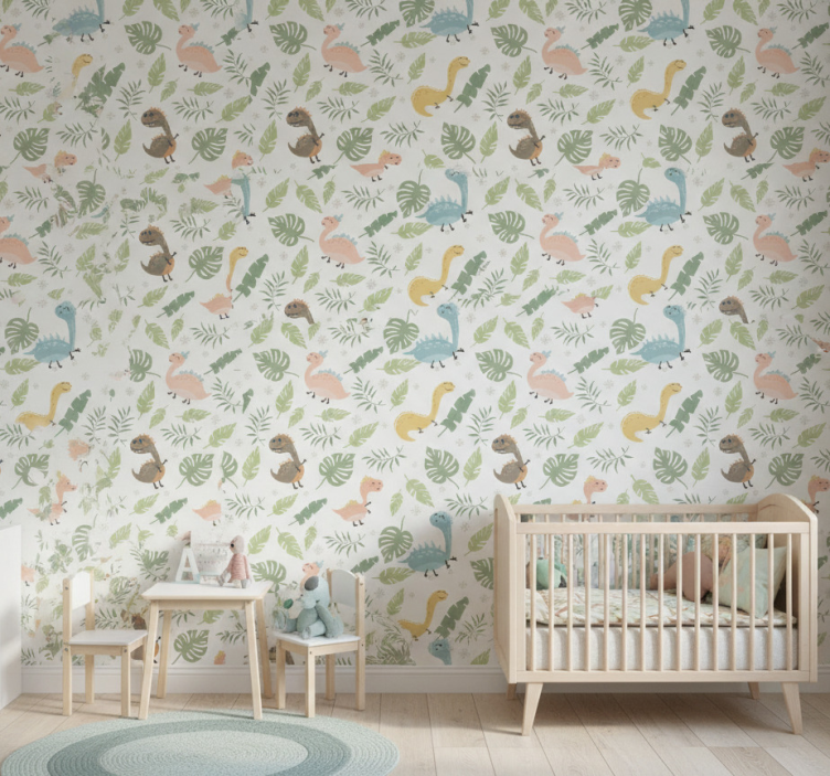 Dino behang pastel kleur bos met dinosaurussen patroon - TenStickers
