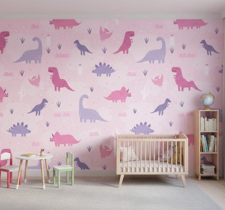 Dino behang roze achtergrond - TenStickers
