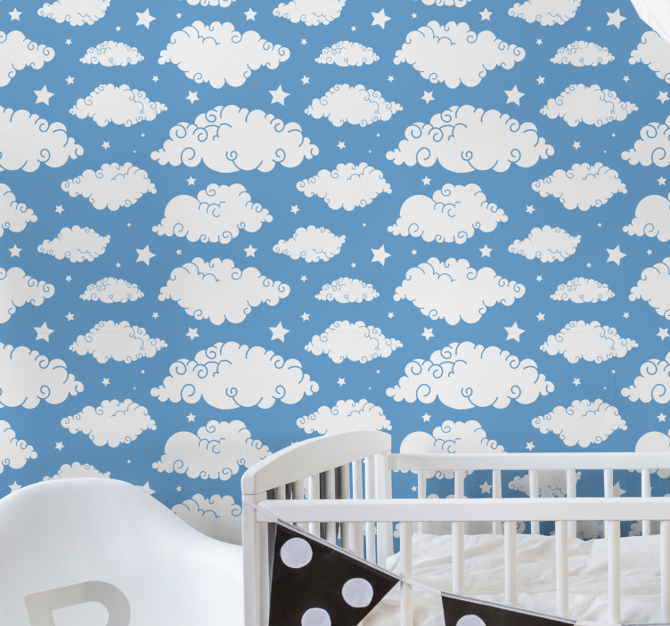 Blauw ontwerp met wolken sterren behang - TenStickers