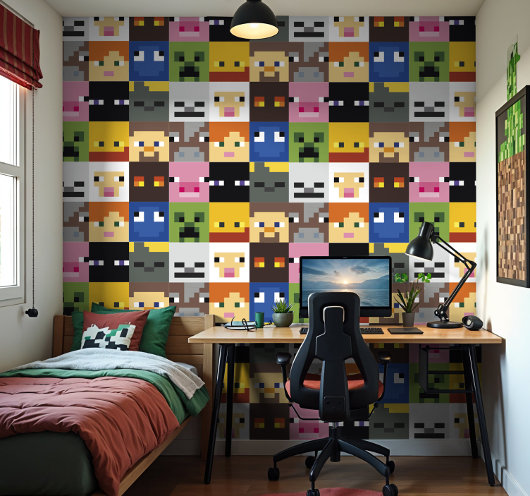 Gaming gepixelde gezichten behang tienerkamer - TenStickers