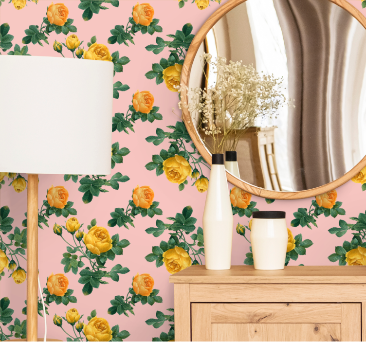 Gele rozenpatronen behang bloemen - TenStickers