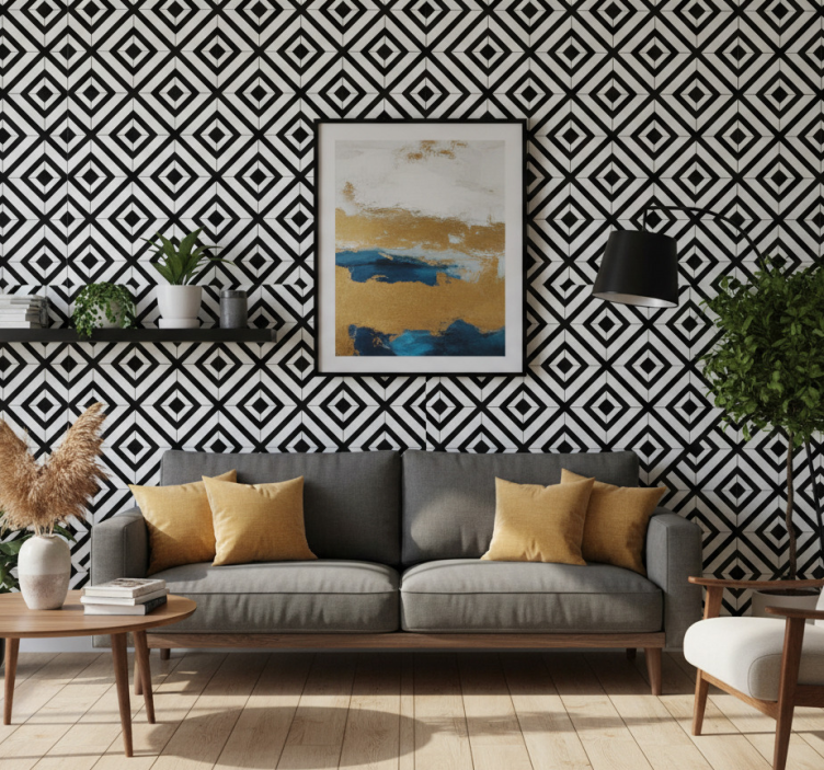 Geometrisch behang zwart-witte diamanten - TenStickers