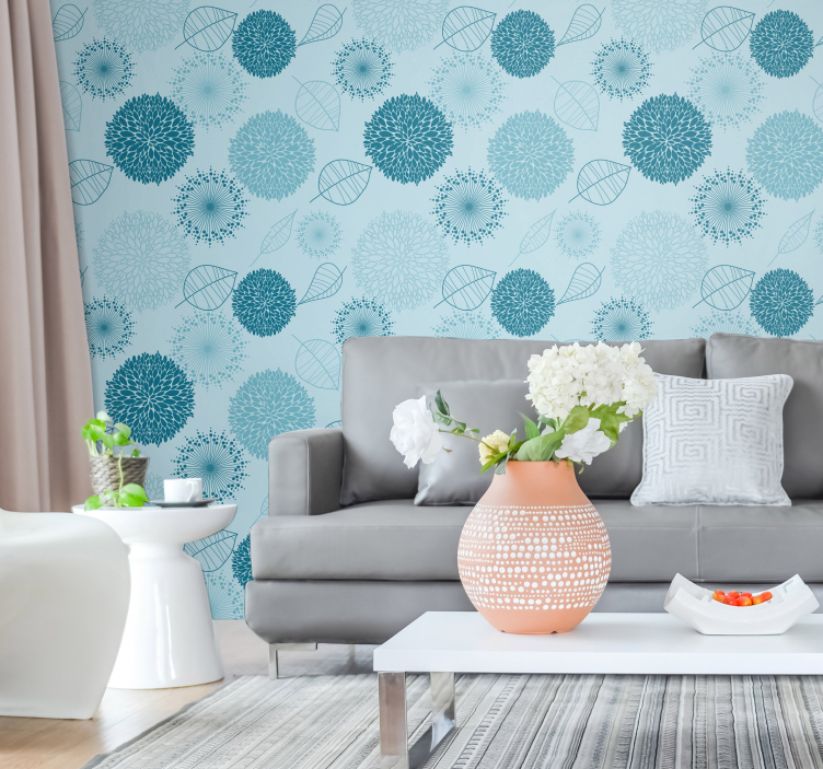 Geometrische bloemenclusters blauw behang - TenStickers