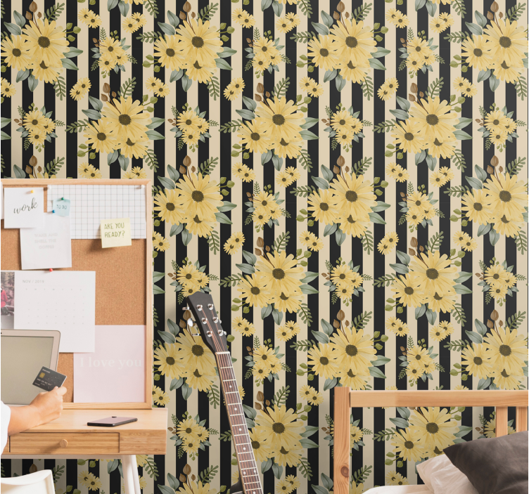 Gestreept zonnebloempatroon behang bloemsierkunst - TenStickers