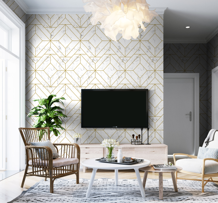Goud en wit geometrisch behang woonkamer - TenStickers