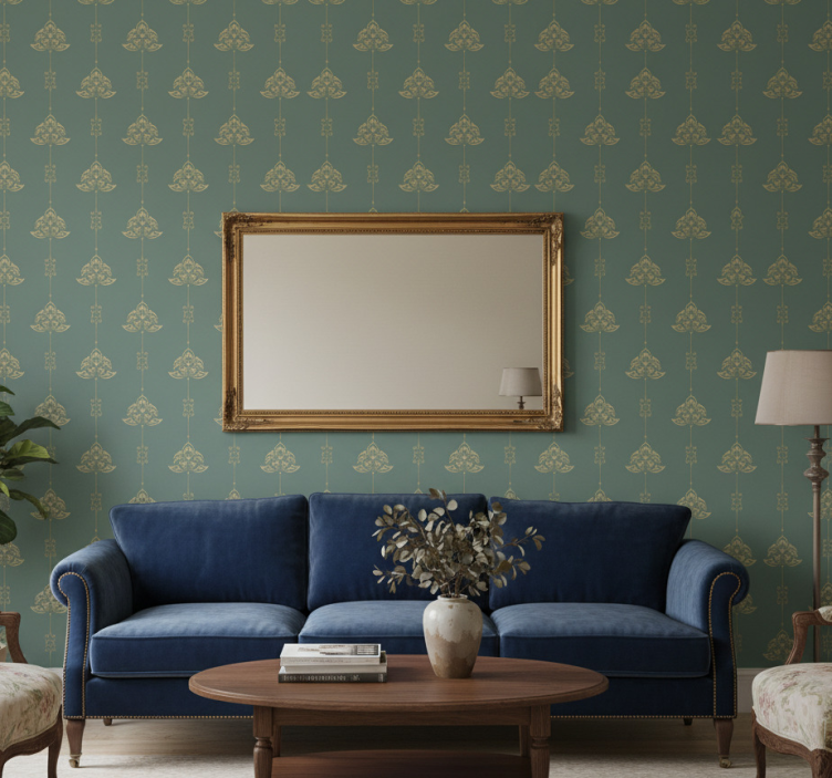 Klassiek behang in teal jugendstil met gouden bloemen - TenStickers