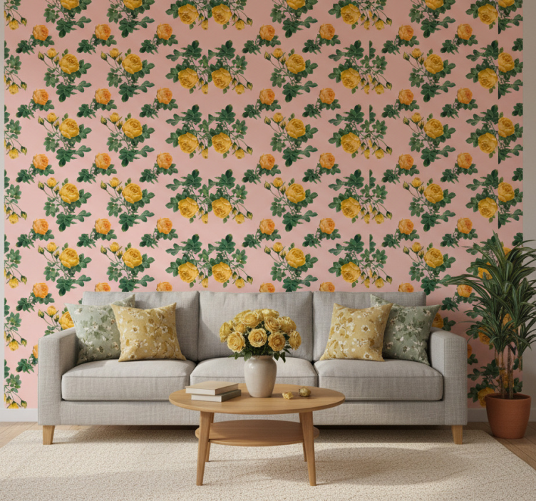 Klassiek behang met gele rozen en groene bladeren - TenStickers