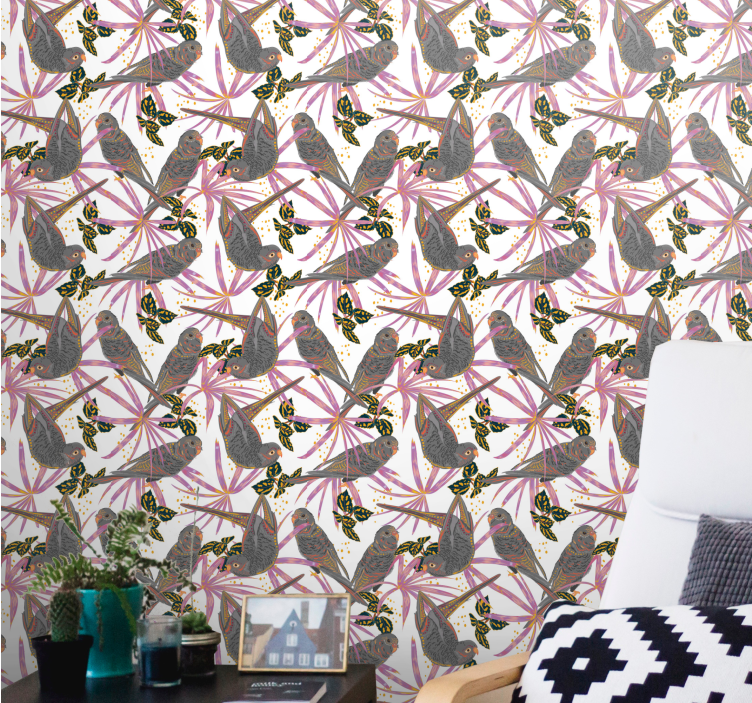 Kleurrijke bladeren behang vogels - TenStickers