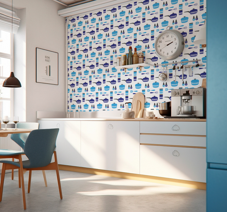 Blauw keukengerei patroon keuken behang - TenStickers