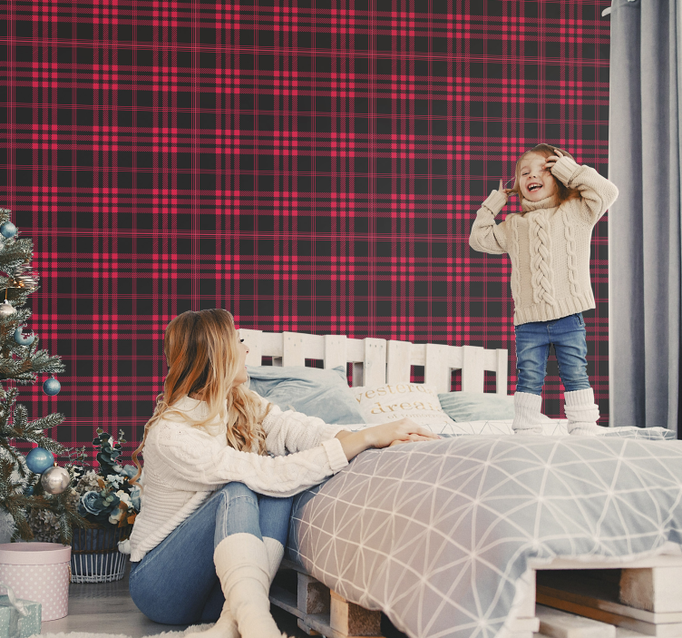 Lijntjes slaapkamer behang kerst tartan patroon - TenStickers
