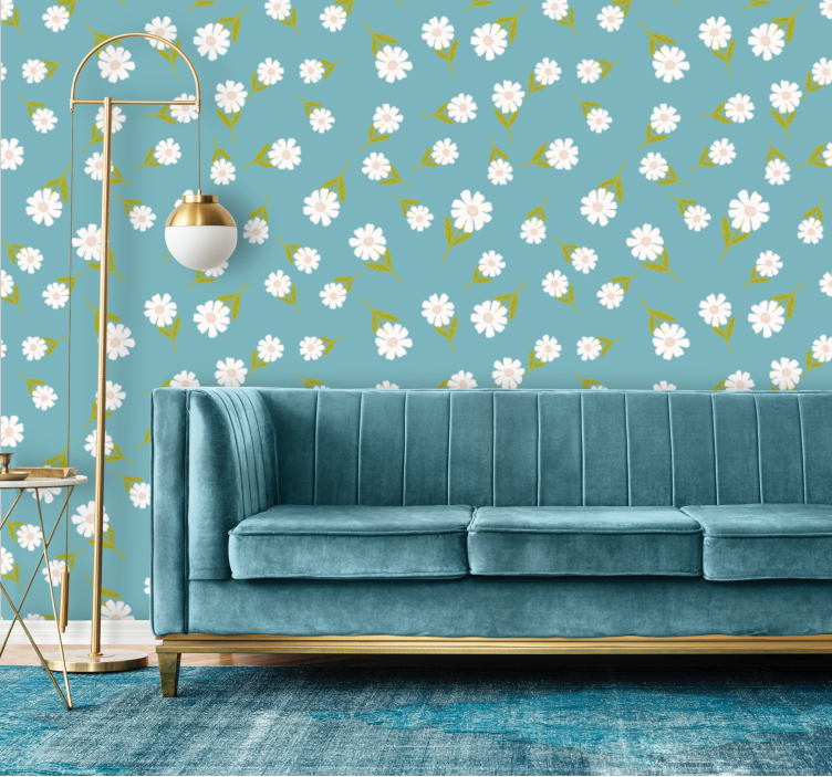 Turquoise madeliefje verspreid behang bloemen - TenStickers