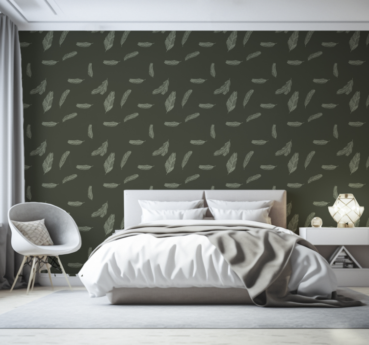 Minimalistische groene veren Behang slaapkamer - TenStickers