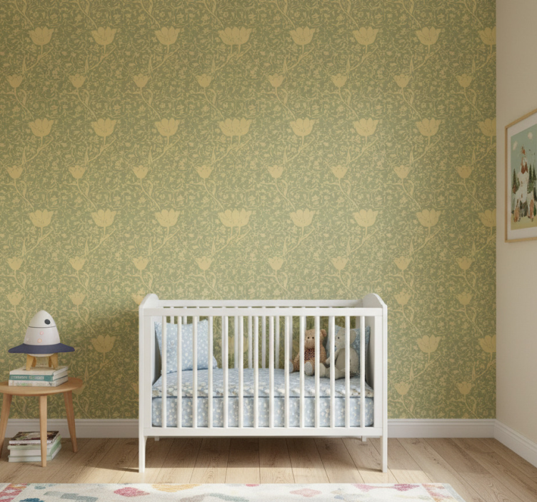 Natuur behang goudgroen subtiel bloemenpatroon - TenStickers