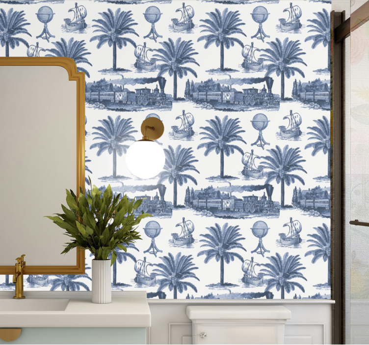 Palmbomen en blauwe treinen behang barok - TenStickers