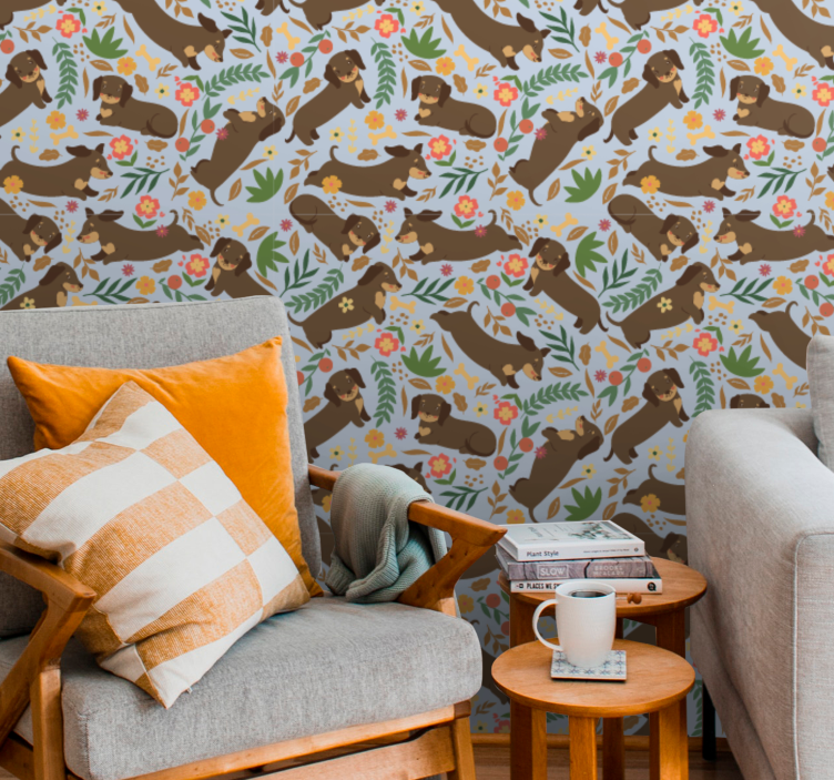 Olifanten bloemenpatroon behang honden - TenStickers