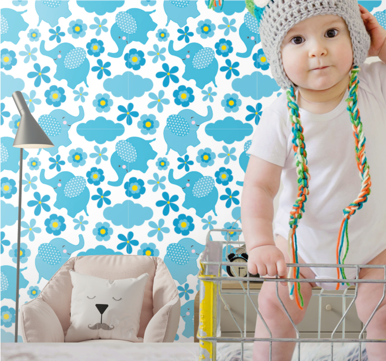 Olifantenbloempatronen babykamer behang - TenStickers