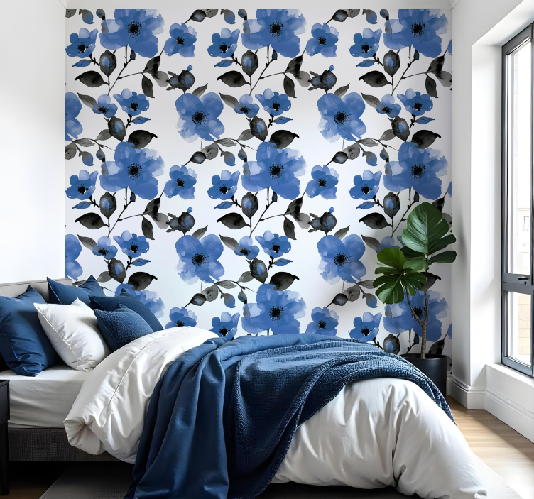 Patroon van blauwe klaprozen behang bloemen - TenStickers