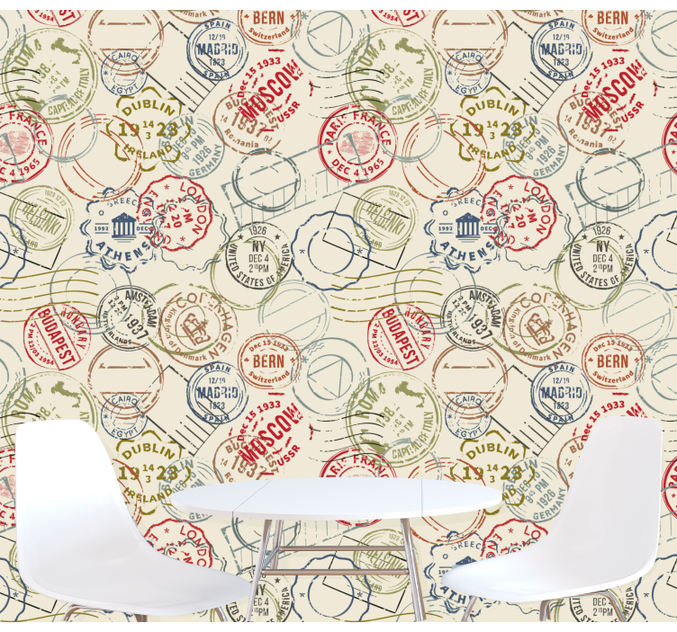 Reisstempelcollage behang landen en steden - TenStickers