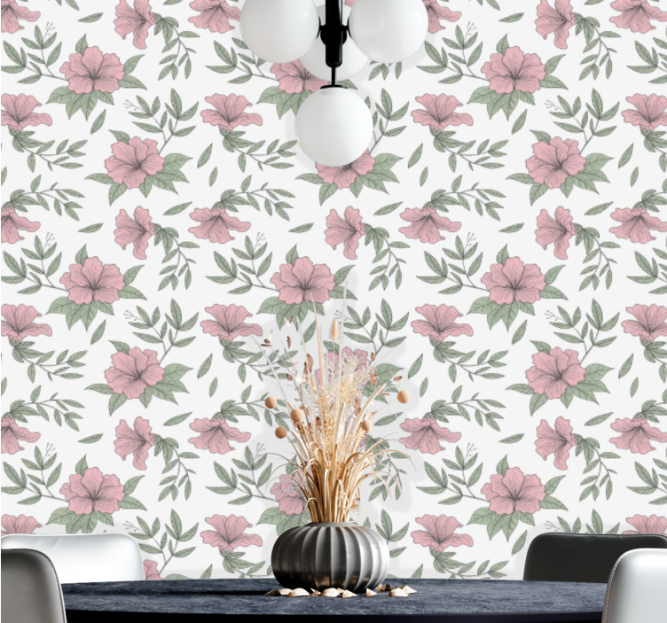 Roze bloemenmotief behang eetkamer - TenStickers