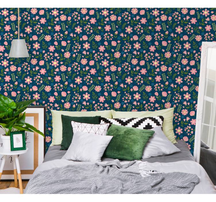 Roze en blauw patroon behang bloemen - TenStickers
