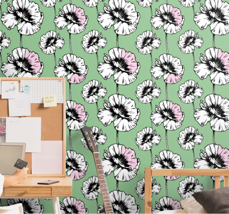 Roze en witte klaprozen behang bloemen - TenStickers