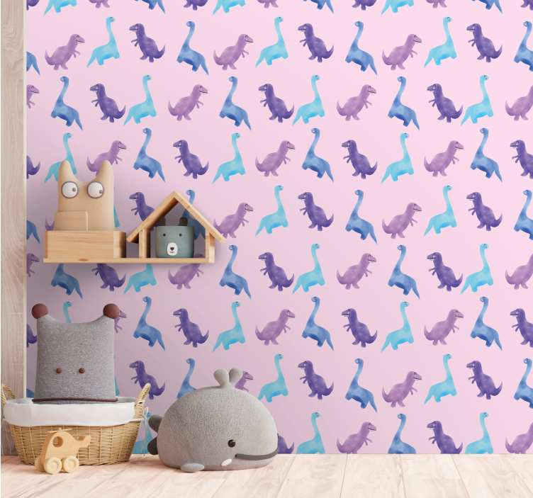 Roze kinderkamer patroon dino behang - TenStickers