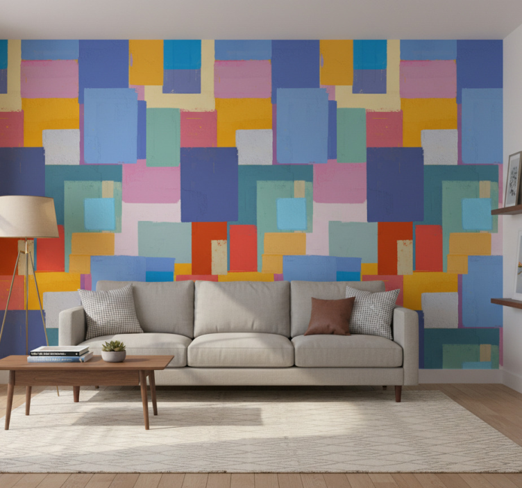 Sierlijk behang abstracte schildering kleurrijke vierkanten - TenStickers