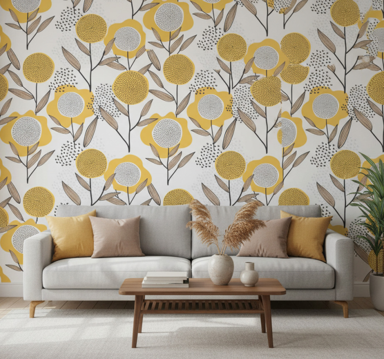 Woonkamer behang geel abstract bloemenpatroon - TenStickers