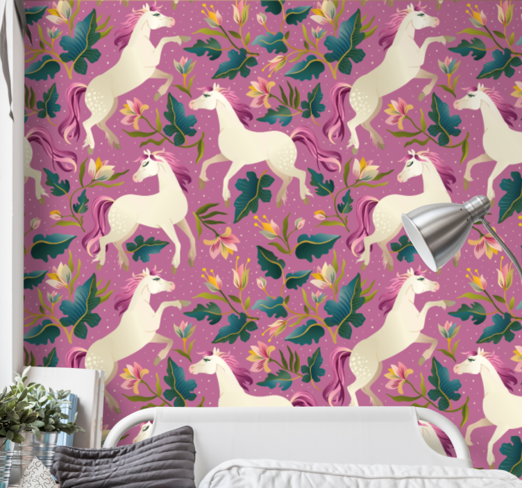 Slaapkamer behang paarden en bloemen - TenStickers