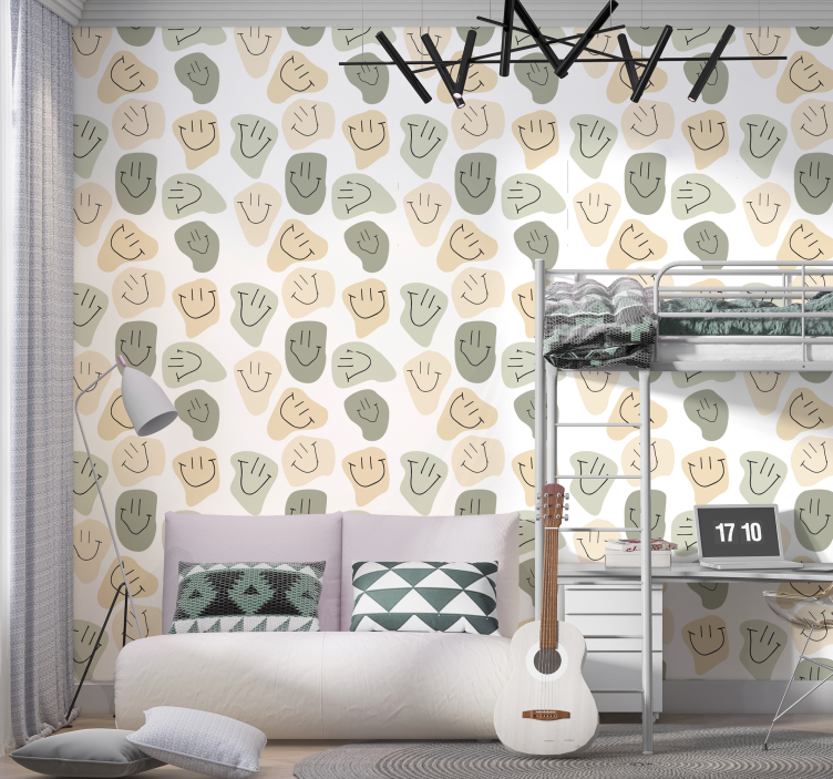 Behang tienerkamer neutrale kleuren smileygezichten - TenStickers