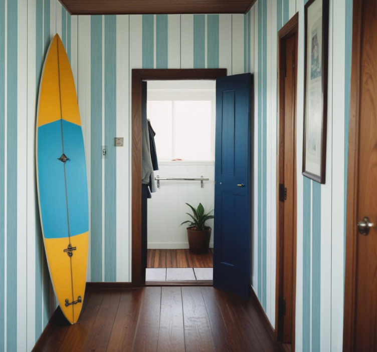 Turquoise tinten strepen behang gang - TenStickers