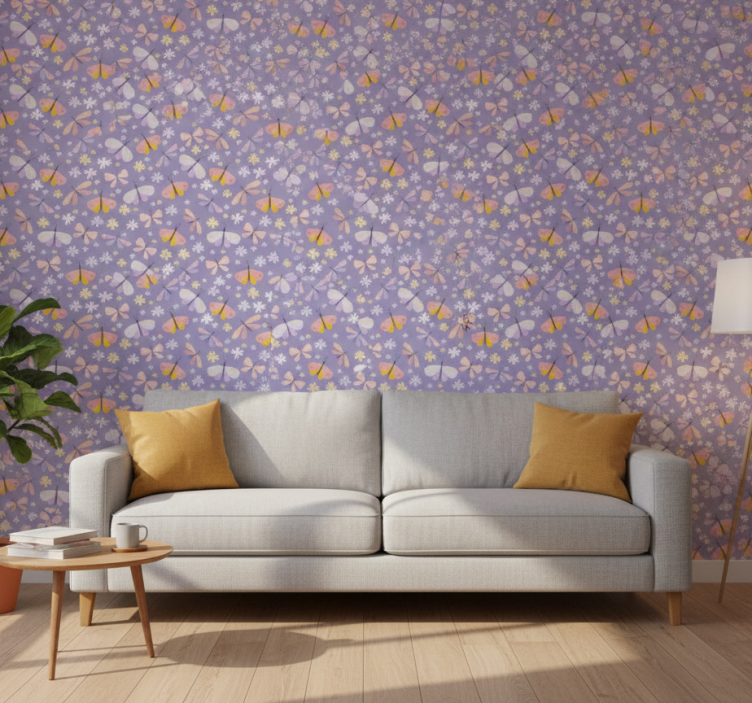 Vlinders behang paarse gracieuze bloemen - TenStickers