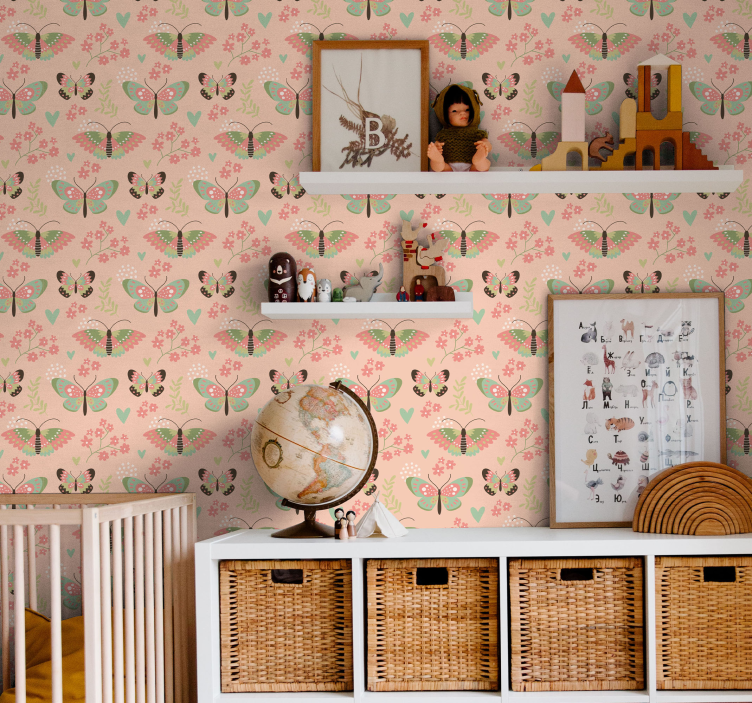 Vlinders roze motief behang kinderkamer - TenStickers