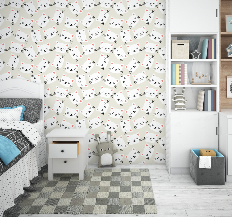 Witte schattige kat gezichten cartoon behang  - TenStickers