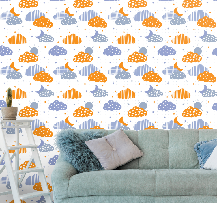 Blauwe en oranje wolken en zon behang kinderkamer - TenStickers