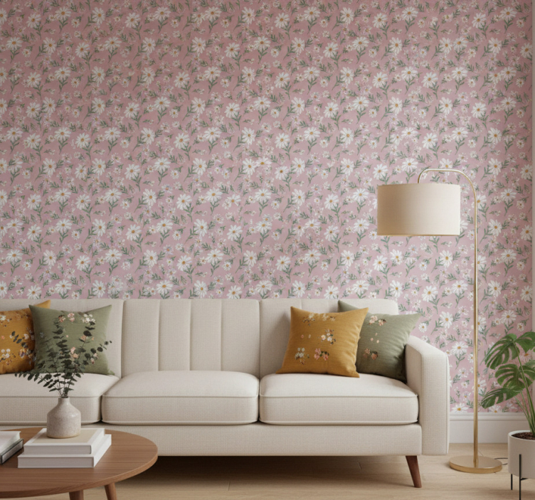 Woonkamer behang 70's madeliefje roze - TenStickers