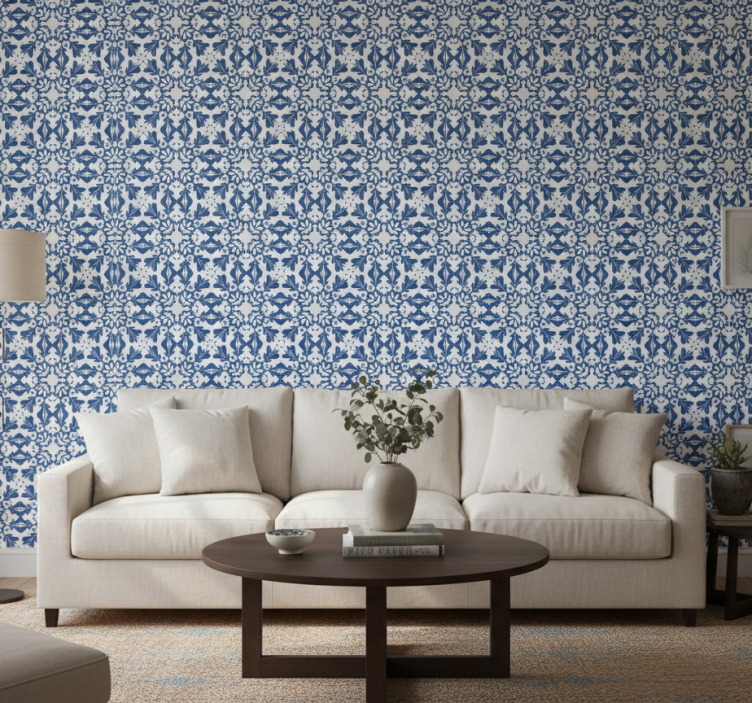 Woonkamer behang blauw vintage patroon tegel - TenStickers