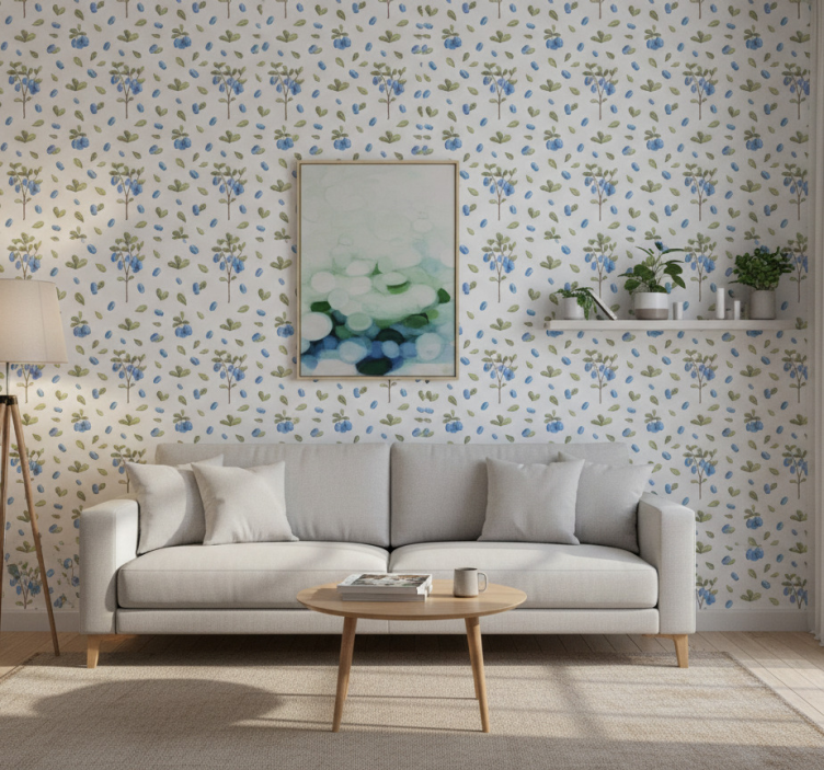Woonkamer behang botanisch blauw patroon - TenStickers