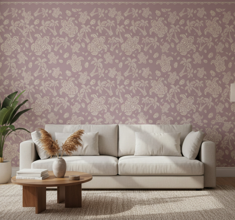 Woonkamer behang hawaïaanse schildpad en palm patroon - TenStickers