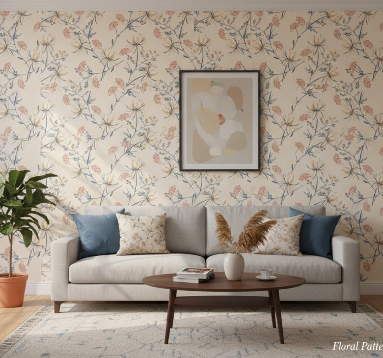 Woonkamer behang met bloemenpatroon accenten - TenStickers