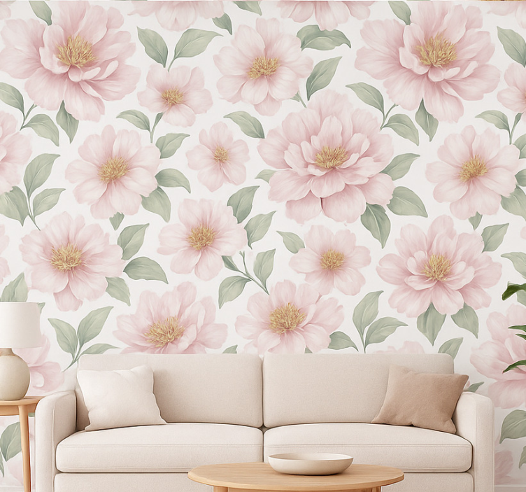 Woonkamer behang pastel pioenroos bloem - TenStickers