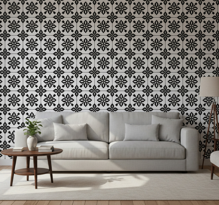 Woonkamer behang zwart wit mozaïek - TenStickers