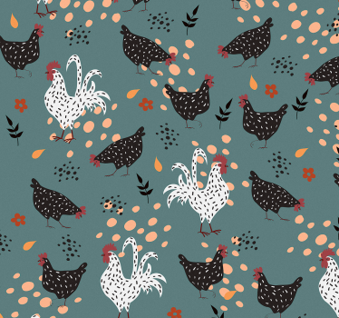Behang keuken Zwart-witte kippen met bloemen - TenStickers